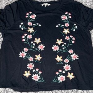 Floral Embroidered Black Tee